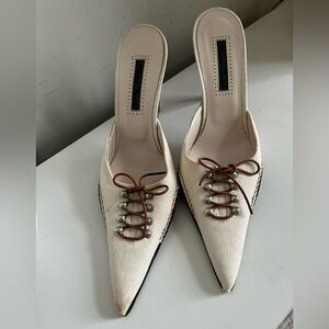 Michele Bertelli Lace-Up Pointed Toe Mules – Ivory, Size 38.5